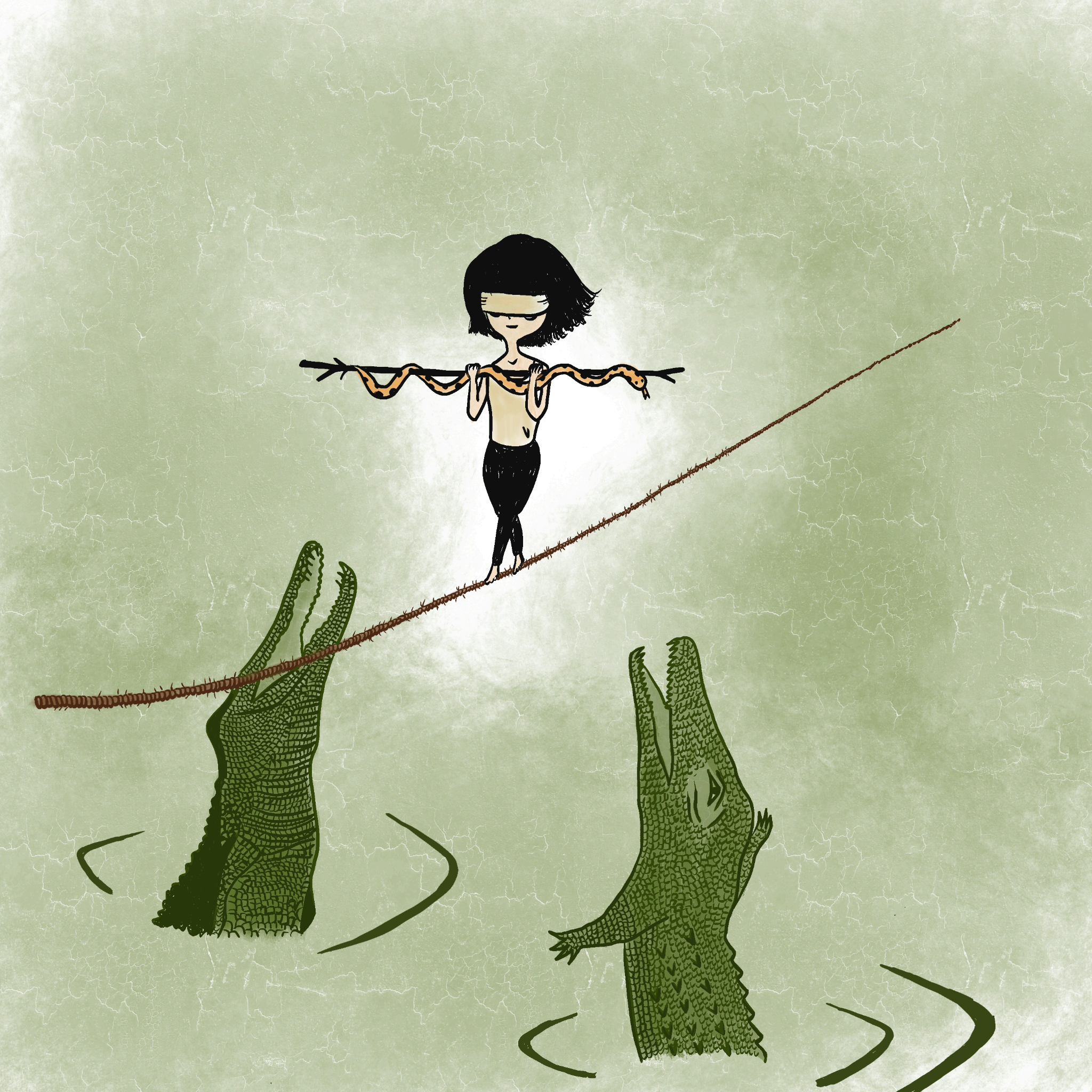 Illustration of a blindfolded person walking a tightrope over crocodiles.