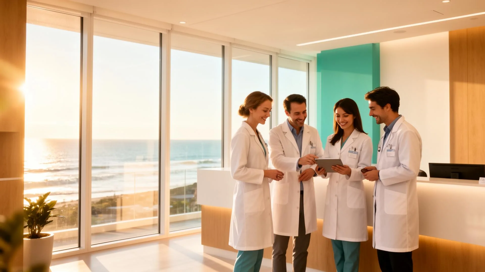 A team of clinicians collaborating in a sunlit, ocean-view clinic