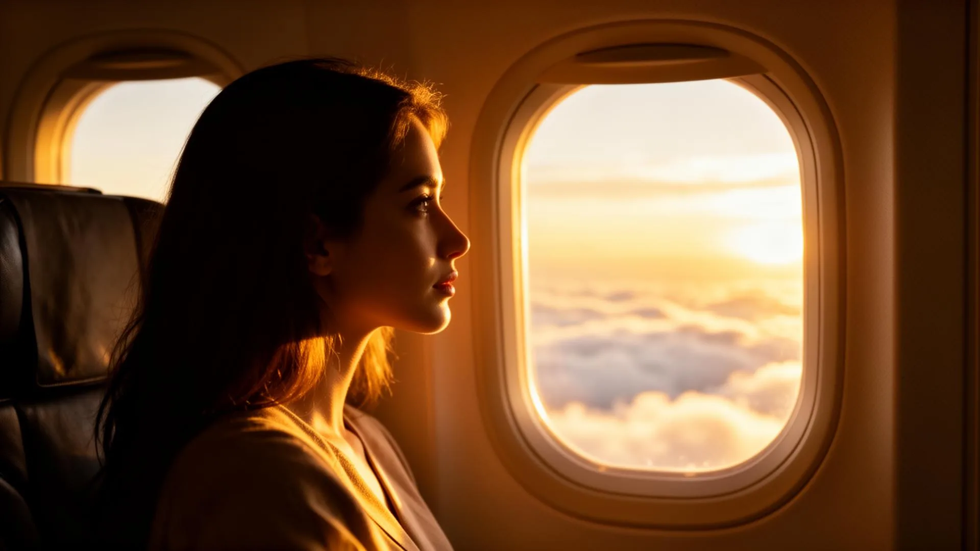 Woman looking out airplane window at sunrise clouds