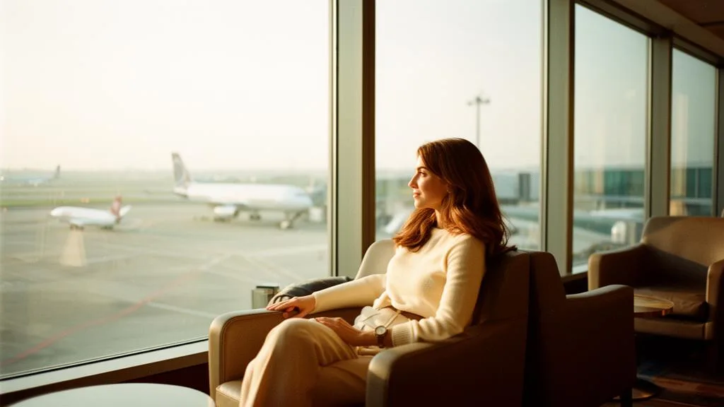 Woman relaxing in a luxury airport lounge before her trip