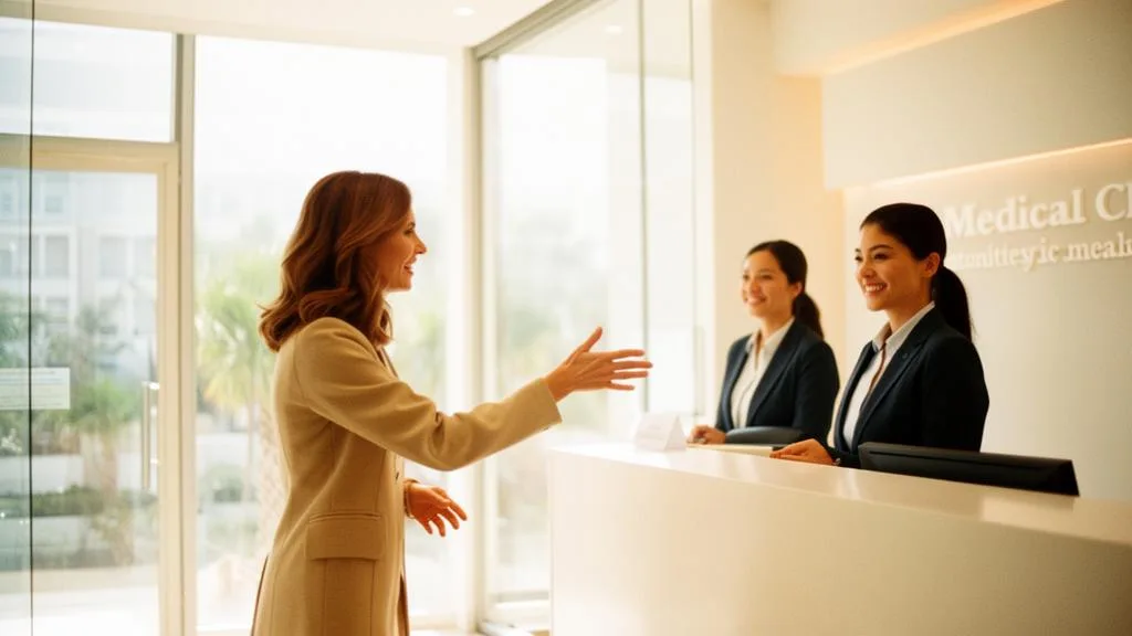 Patient checking in at a modern medical clinic reception