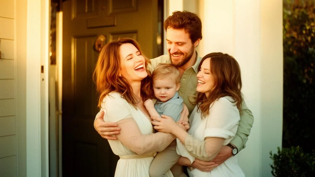 Woman happily reuniting with her family at home after her trip